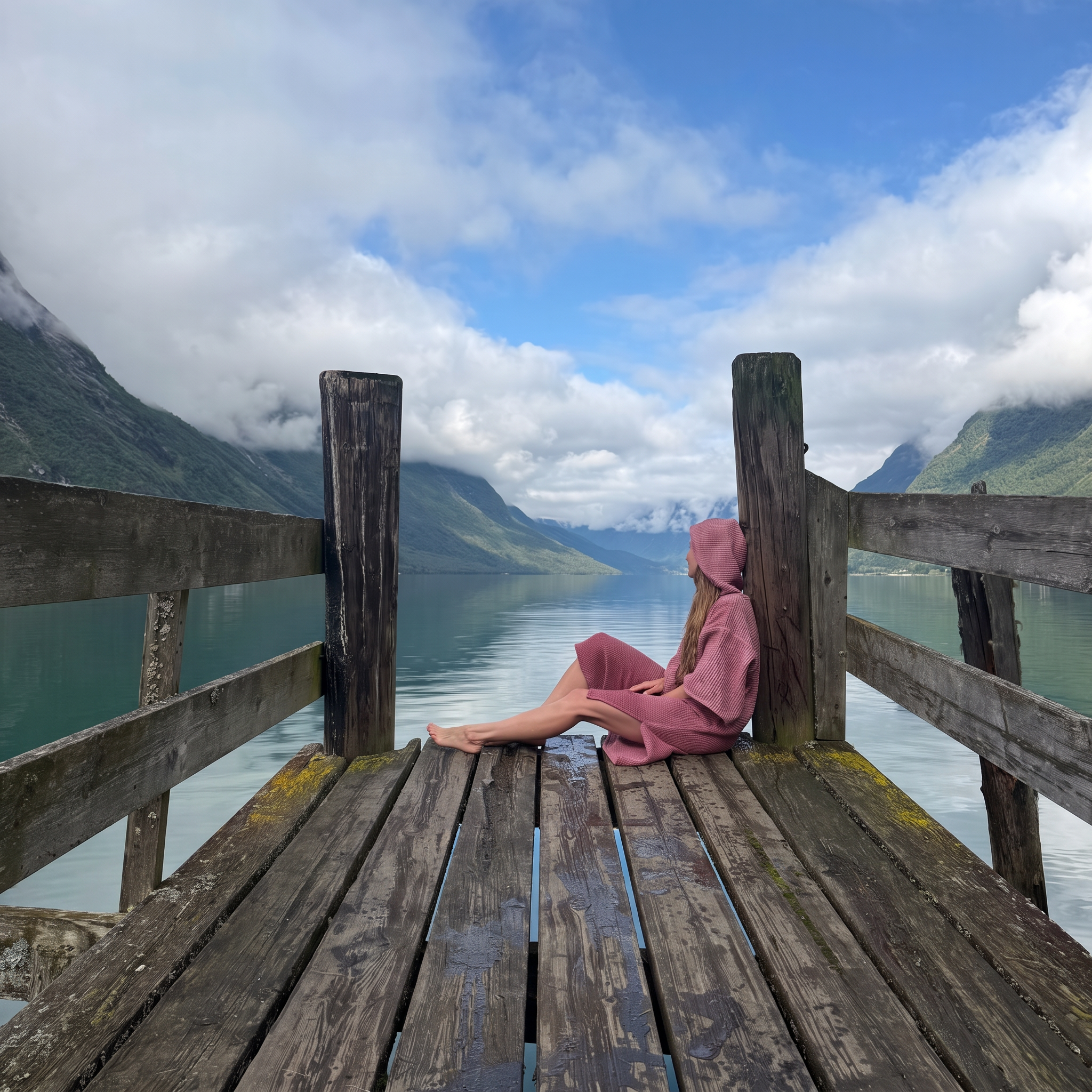 Woman in a NORALF sauna robe on a fjord pier